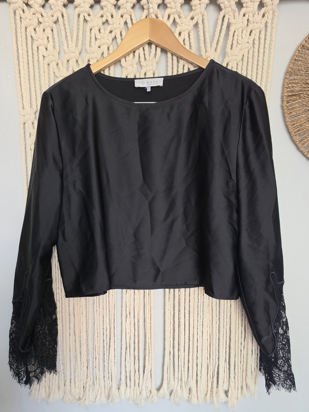 Wayf Black Satin Crop Top with Lace Cuff Sleeves